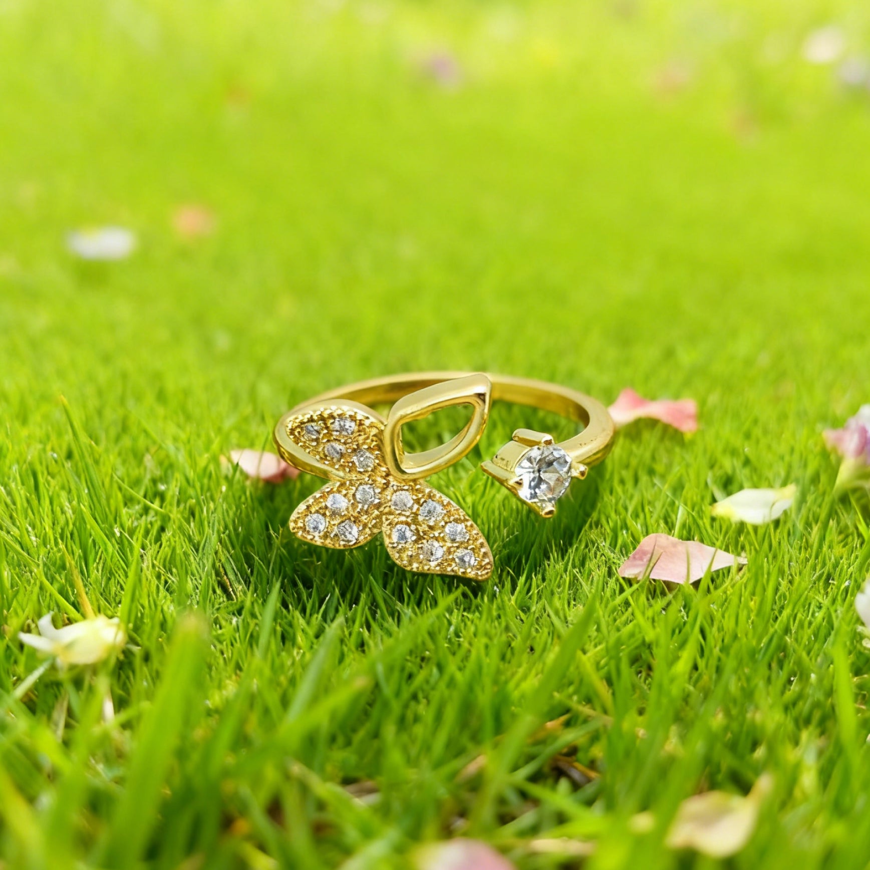 "Toujours" Geo-Petal Open Ring — 18K Gold‑Plated, Pavé Cubic Zircon