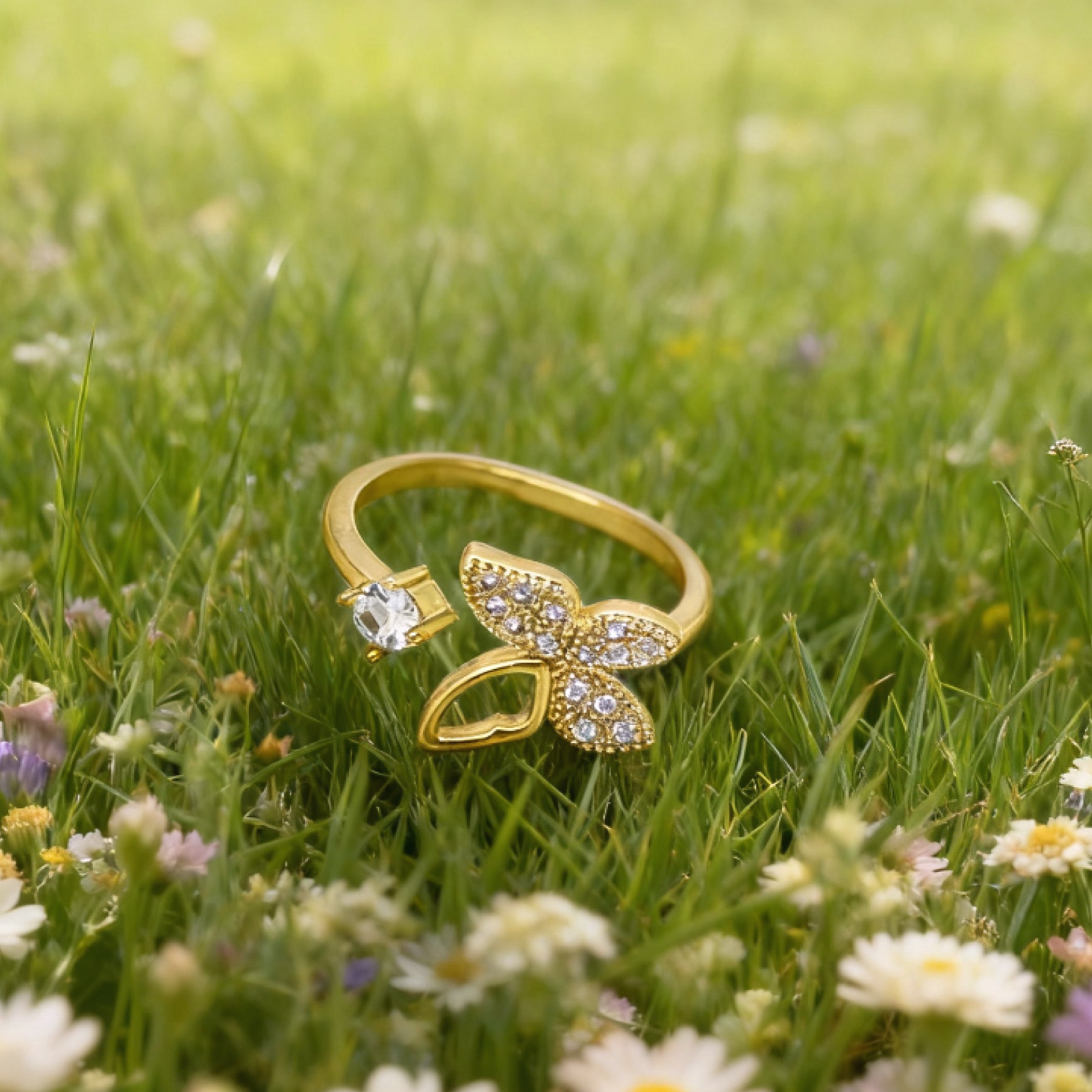 "Toujours" Geo-Petal Open Ring — 18K Gold‑Plated, Pavé Cubic Zircon