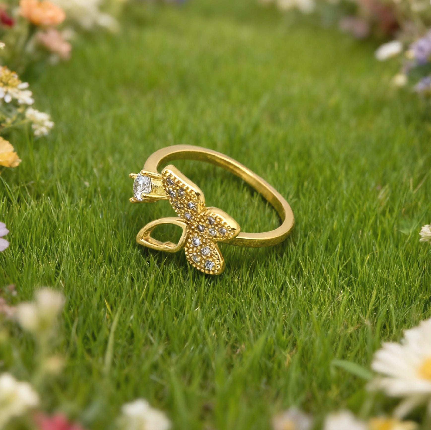 "Toujours" Geo-Petal Open Ring — 18K Gold‑Plated, Pavé Cubic Zircon