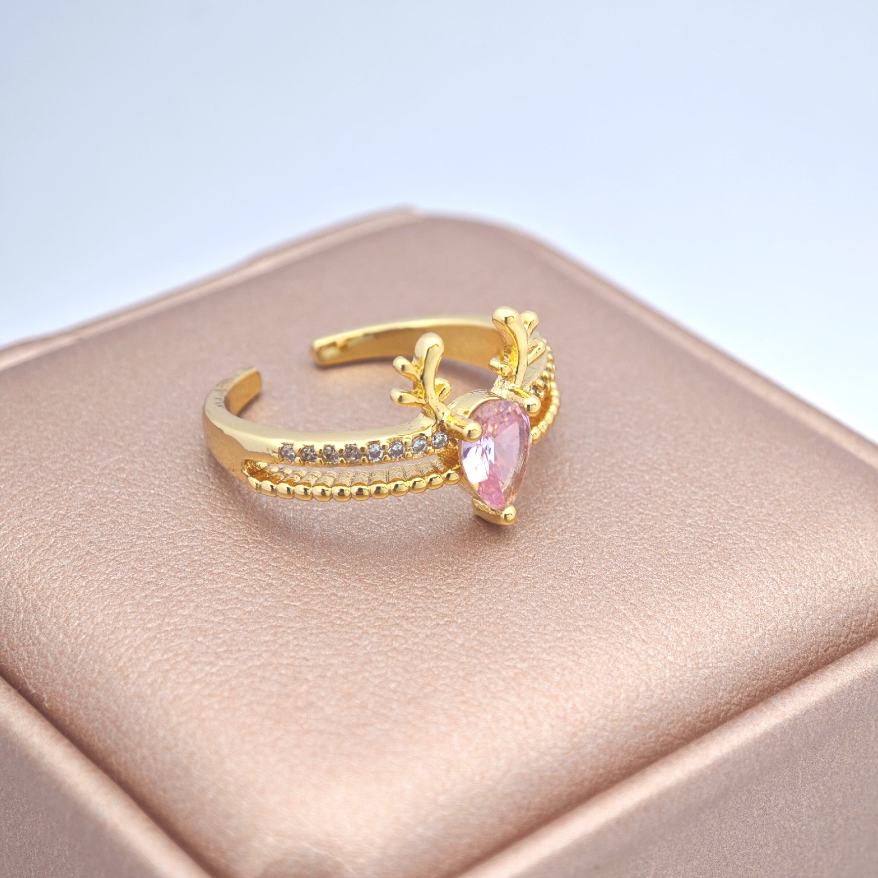 "Toujours" Antler Heart Open Ring — 18K Gold‑Plated, Pink Diamond Style