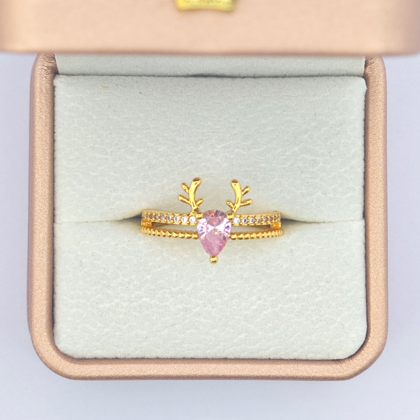 "Toujours" Antler Heart Open Ring — 18K Gold‑Plated, Pink Diamond Style
