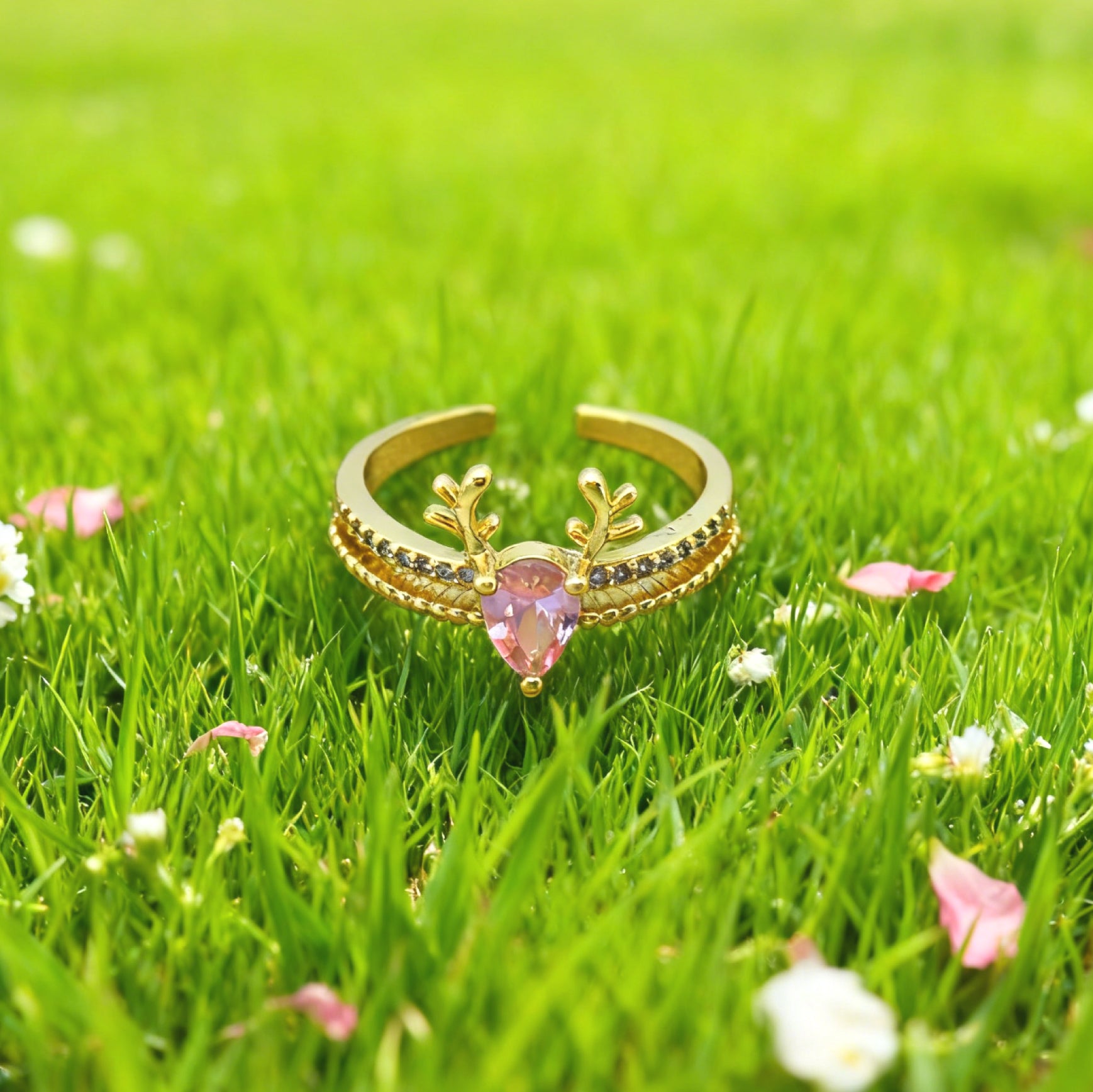 "Toujours" Antler Heart Open Ring — 18K Gold‑Plated, Pink Diamond Style