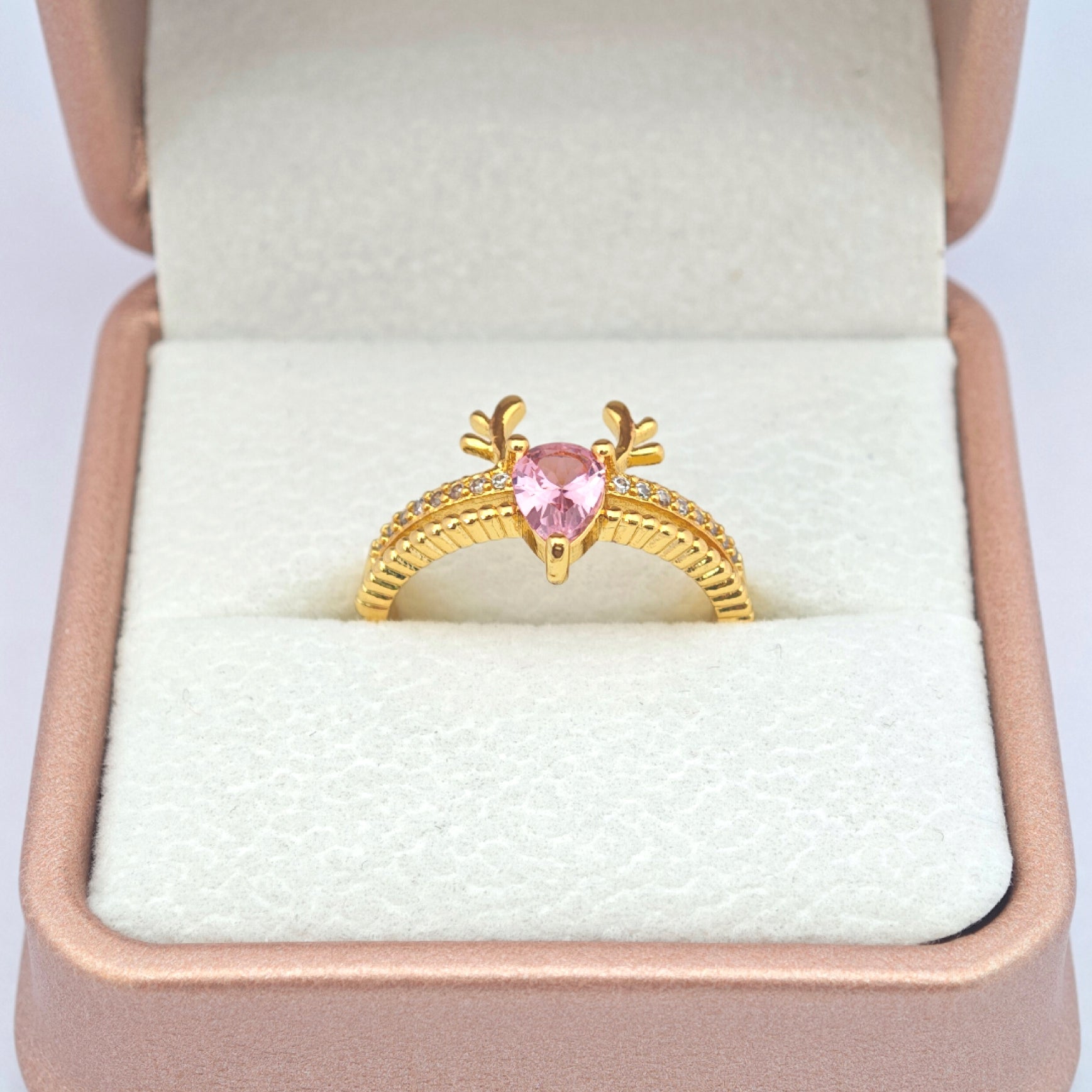 "Toujours" Antler Heart Open Ring — 18K Gold‑Plated, Pink Diamond Style
