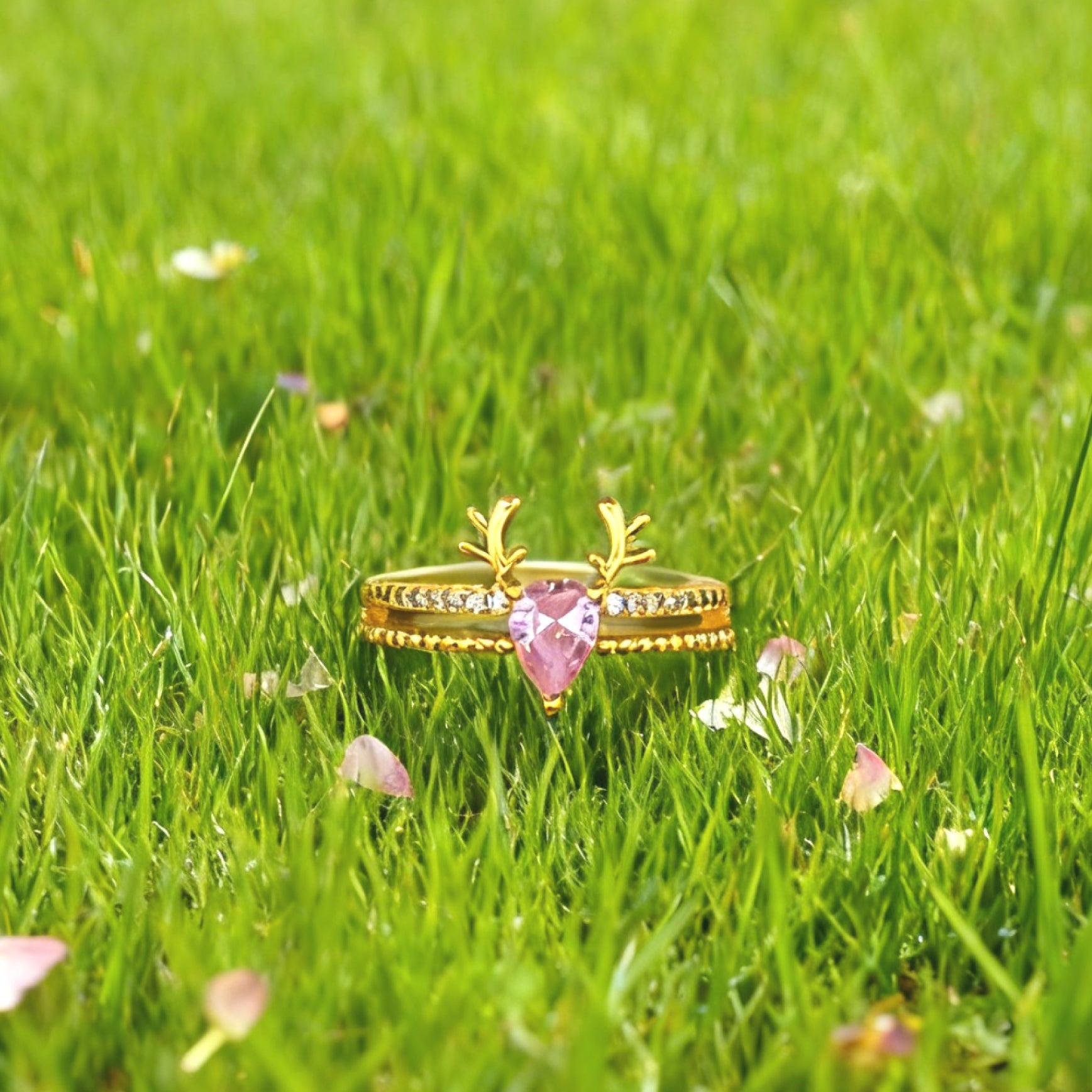 "Toujours" Antler Heart Open Ring — 18K Gold‑Plated, Pink Diamond Style
