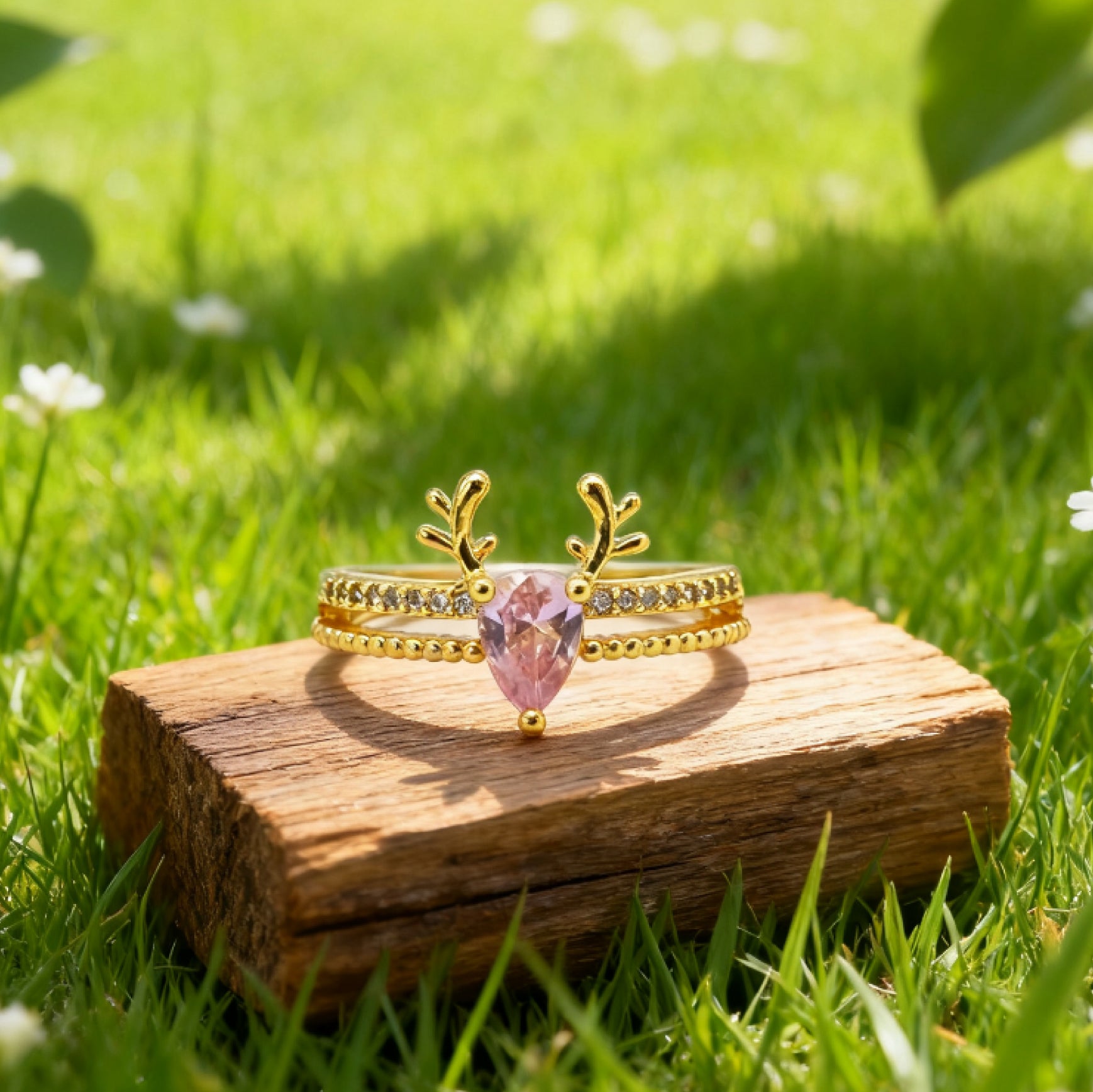 "Toujours" Antler Heart Open Ring — 18K Gold‑Plated, Pink Diamond Style