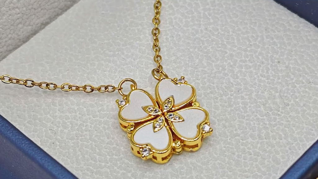 “Étreinte” Clover Pendant Necklace — 18K‑Plated Chain, White Resin