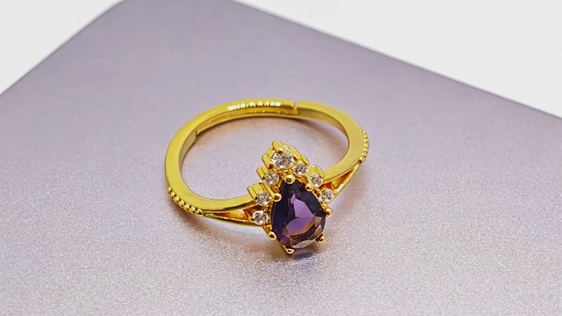 “Toujours” Adjustable Ring — 18K-Gold Plated Faux Amethyst & Clear L’Ardeur Crystal Zircons