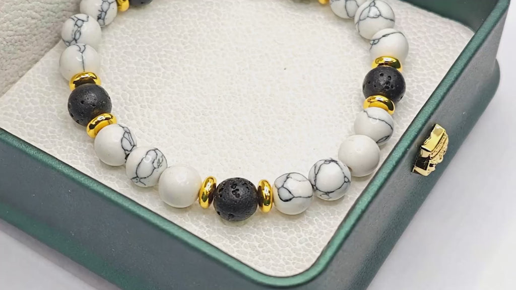 “Lien” Beaded Bracelet — White Howlite & Lava Stone