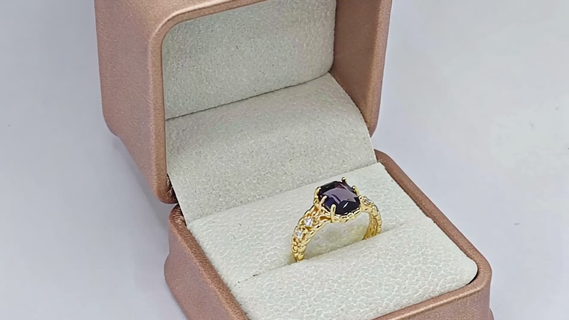 “Toujours” Adjustable Ring — Faux Amethyst Blossom, 14K-Gold Plated